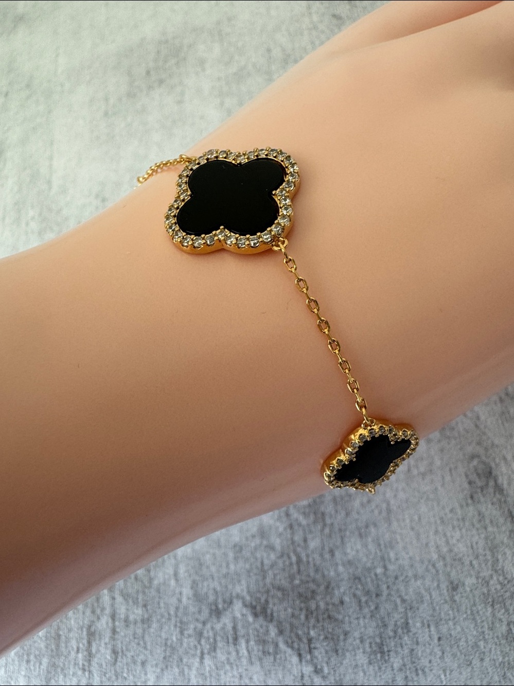 Rachel Zoe 14K Gold Plated Brass Pave 3 Clover Onyx Bracelet - Picture 8 of 9